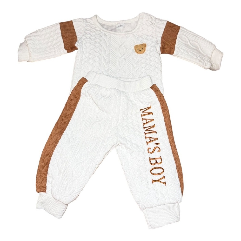 Cozy Cable Knit Unbranded‎ 2-Piece Set 0-3M White Brown Mamas Boy Teddy Bear